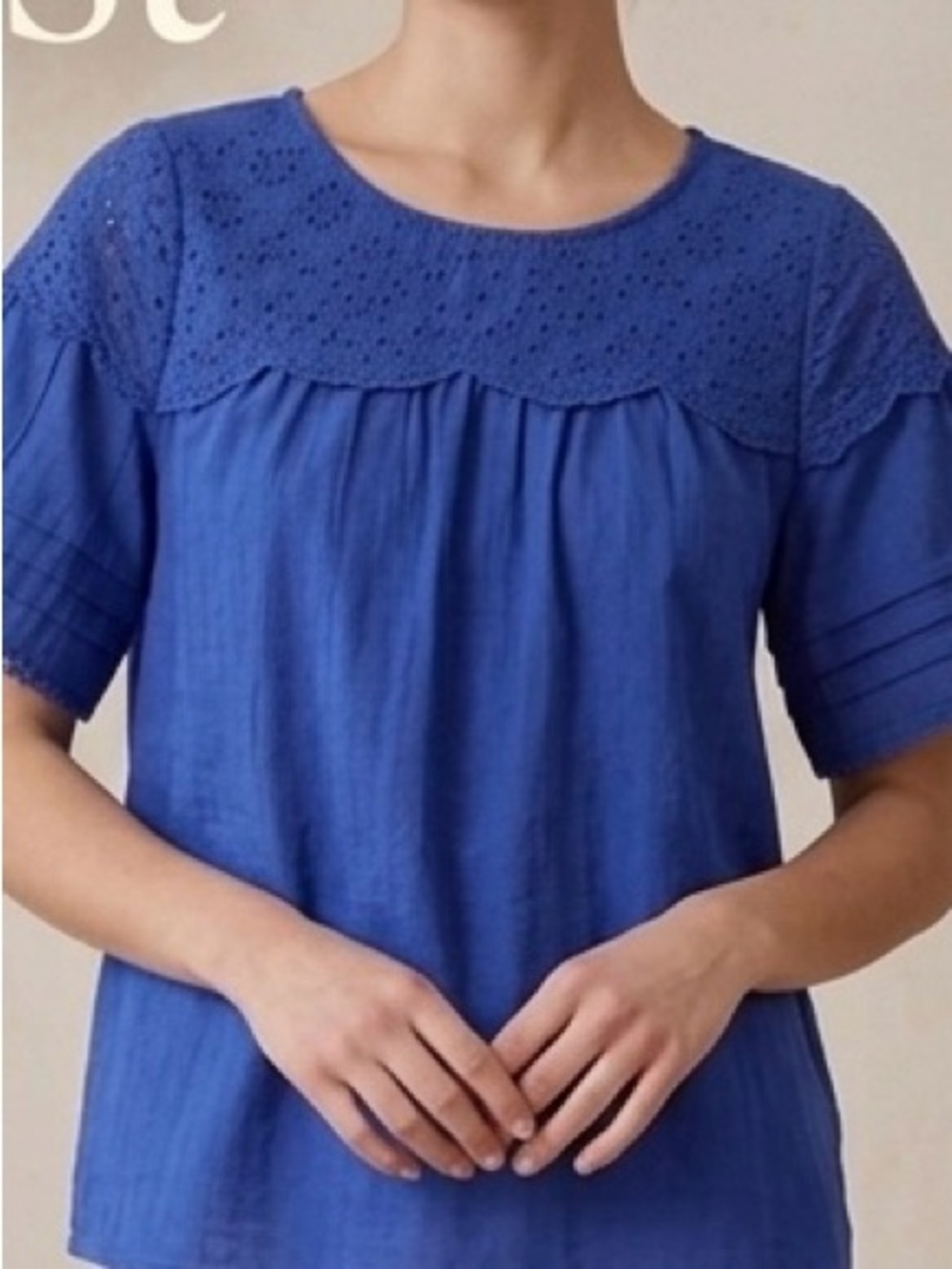 Skies Are Blue Royal Blue Eyelet Yoke Flutter Sleeve Blouse XS